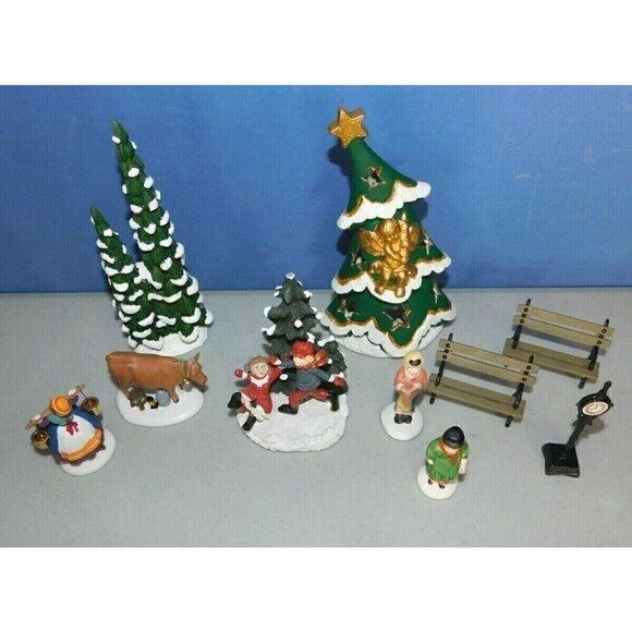 CHRISTMAS PORCELAIN FIGURES, TREES AND BENCHES, SET OF 10 ITEMS, 2.75 - 7 INCHES - Picture 2 of 2